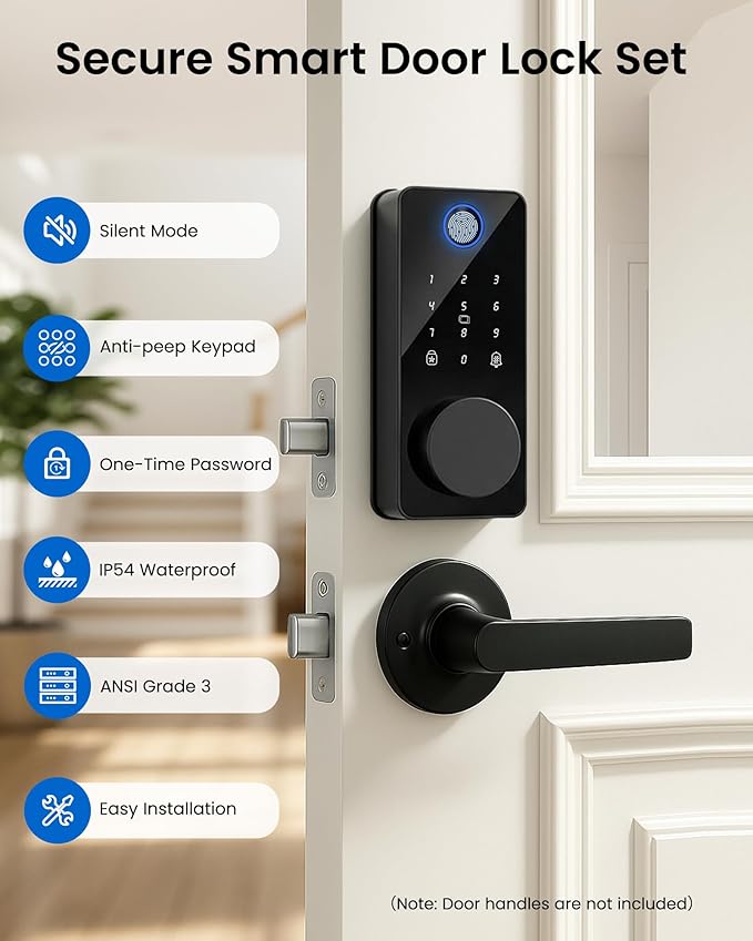 Smart Deadbolt Lock, Fingerprint Keyless Entry Door Lock App Control, Electronic Touchscreen Keypad, Auto Locking, IP54 Weatherproof, Easy Install Digital Deadbolt for Front Door