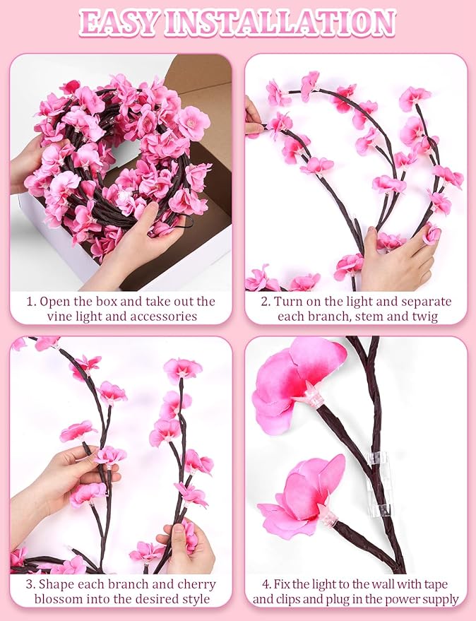 5.25 FT 72 LED Cherry Blossom Tree Branch Lights for Wall,8 Modes Artificial Pink Cherry Blossom Garland with Remote and Timer,Willow Vine Lights for Bedroom,Sakura Wall Decor