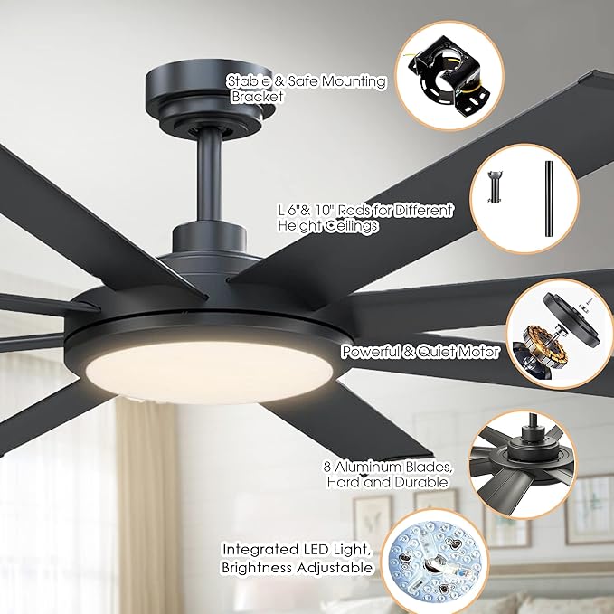 Ceiling Fans with Lights and Remote 60 Inch Industrial Ceiling Fan with Light for Bedroom Living Room, Black Large Outdoor Ceiling Fans for Patios, 6-Speed Reversible DC Motor, Ventilador de Techo