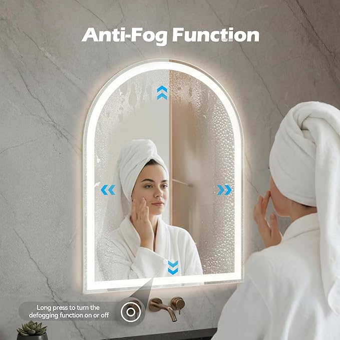 Sweetcrispy 24"×32" LED Bathroom Mirror with Lights, Arched Vanity Mirror with Anti-Fog, Dimmable, 3-Color Light, Memory Function, Tempered Glass