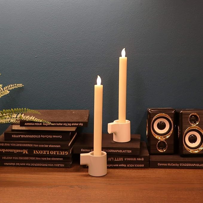 Rhytsing 10" Ivory Flameless Taper Candles with Timer, Battery Operated Dinner Candlesticks, Push-Activated, Textured Wax Finish, Warm White Light, Remote & 10 Batteries Included - Set of 5