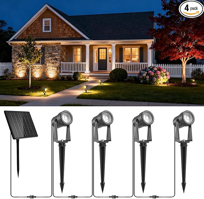 ZYAN Solar Landscape Spotlights, Separate Monocrystalline Panels & USB-C Powered 5400mAh Auto On Off Dusk to Dawn, Outdoor IP65 Waterproof, Warm White for Yard Path Patio (4 Pack)