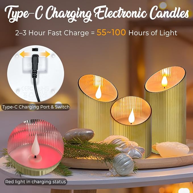 Rechargeable Flameless Candle, Flickering LED Pillar Glass Fake Candle with Remote and Timer, Built-in Battery Real Wax Electronic Candle for Room Decoration, Set of 3