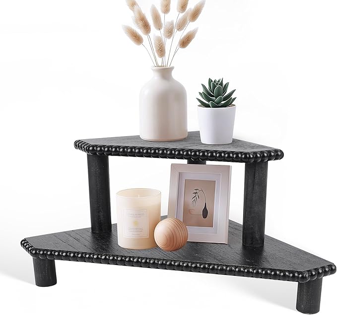 2-Tier Rustic Corner Shelf for Kitchen Counter,Wood Beaded Farmhouse Countertop Organizer with Removable Feet, Stackable Bathroom Vanity & Coffee Bar Decorative Riser Stand(Rustic Black)