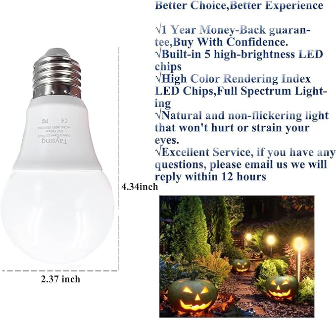 Taysing Dusk to Dawn Light Bulbs Auto On/Off 40 Watt Equivalent Smart Light Sensor LED Bulb Security Bulb Outdoor Night Light Bulb Garage Porch 5W 500lm E26 Amber Yellow 2 Pack