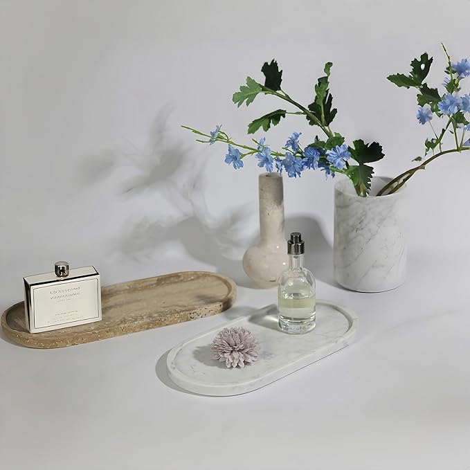 Marble Vanity Tray Organizer - 9.8"x5" Italy Natural Stone Decorative Tray，Jewelry, Perfume & Candle Display Tray，Bathroom Vanity, Dresser Top, Nightstand Decor