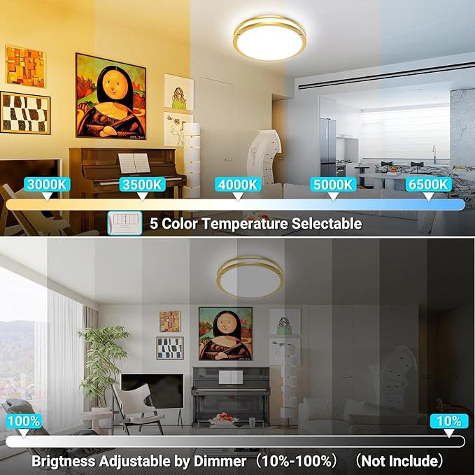 libtit 13 Inch Flush Mount Ceiling Lights, Dimmable 3000K-6500K Adjustable LED Ceiling Light, 24W Round Slim Light Fixture Gold for Kitchen Bedroom Bathroom Hallway-2 Pack