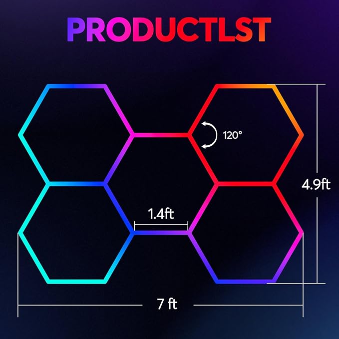 RGB Hexagon led Garage Lights, 5Hexagon Light with Music sync, Dimmer, Smart App/Remote Control, Timer, DIY Color Changing Hex Wall Lights, Honeycomb Light for Gaming Room, Gym, Garage