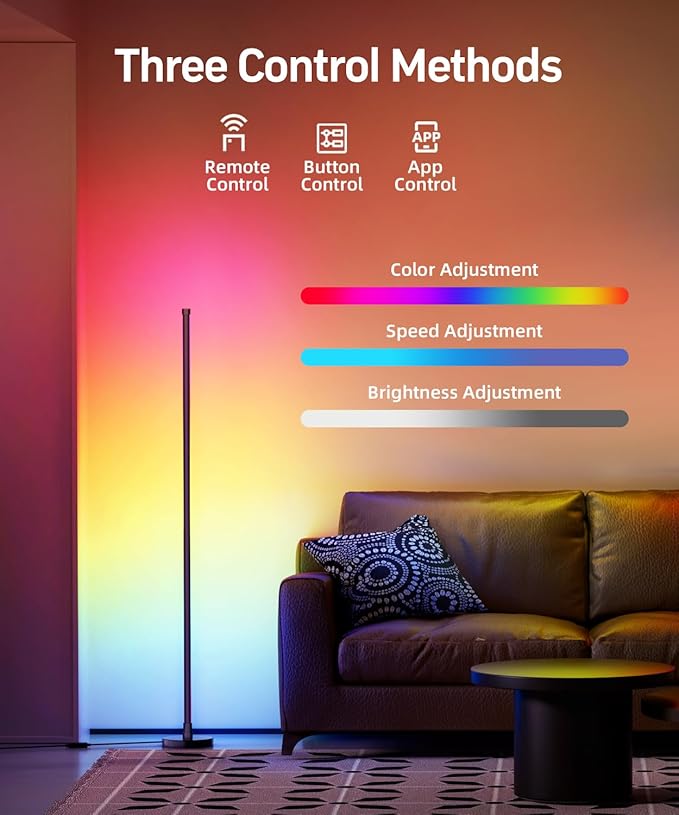 Smart RGB LED Corner Floor Lamp, Color Changing Standing Lamp with 16 Million Colors, Music Sync Ambient Lighting,Remote & App Control Modern Floor Lamp for Living Room, Bedroom, Gaming Room Decor