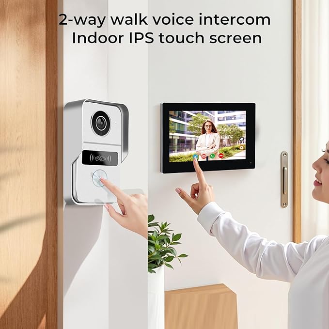 2-Wired Video Intercom System with 7 inch Touch Screen, Timbre con cámara & 140° Wide Angle, Video Recording, Tuya app Remote Control, Playback, Motion Detection, for Villa Apartment House