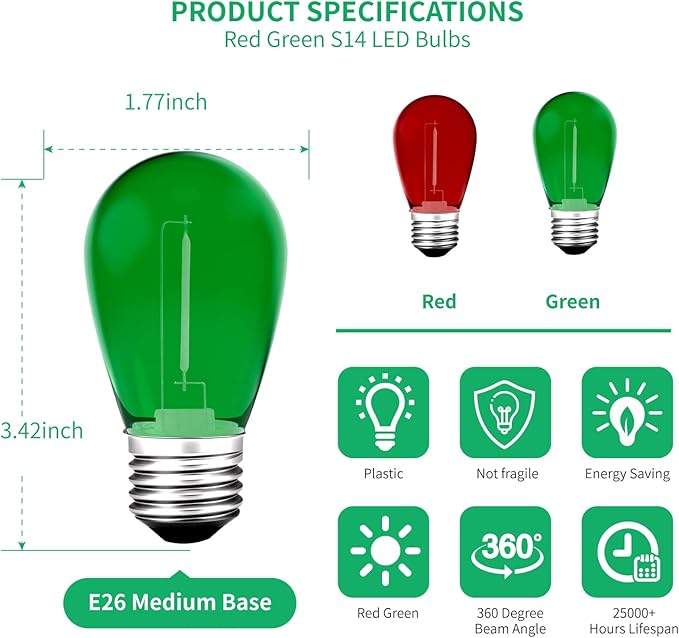 Meconard S14 Colored LED String Light Bulbs,1 Watt Plastic Shatterproof Waterproof Outdoor Indoor Replacement Bulbs for Home Decor, E26 Medium Base, Red Green Light Bulbs, 15Pack