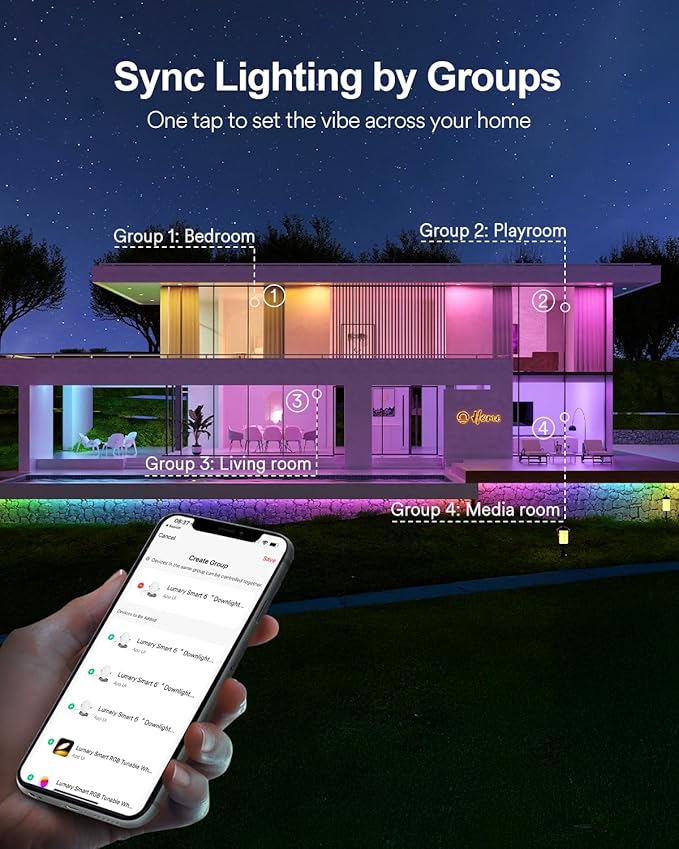 Lumary Smart Recessed Lighting 4 Inch, Color Changing LED Downlight 9W 780LM, Wi-Fi Bluetooth Soffit Lights with J-Box, Compatible with Alexa/Google Assistant/BT Remote, ETL Listed, 1 Pack