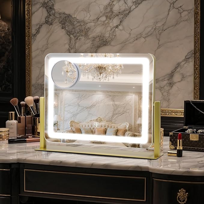 Vanity Mirror with Lights, 16"×12.4" LED Makeup Mirror, Rounded Frame, 10X Magnification, Smart Touch with 3-Color Lighting, Dimmable, 360° Rotation, Lighted Up for Makeup Desk, Bedroom (Gold)