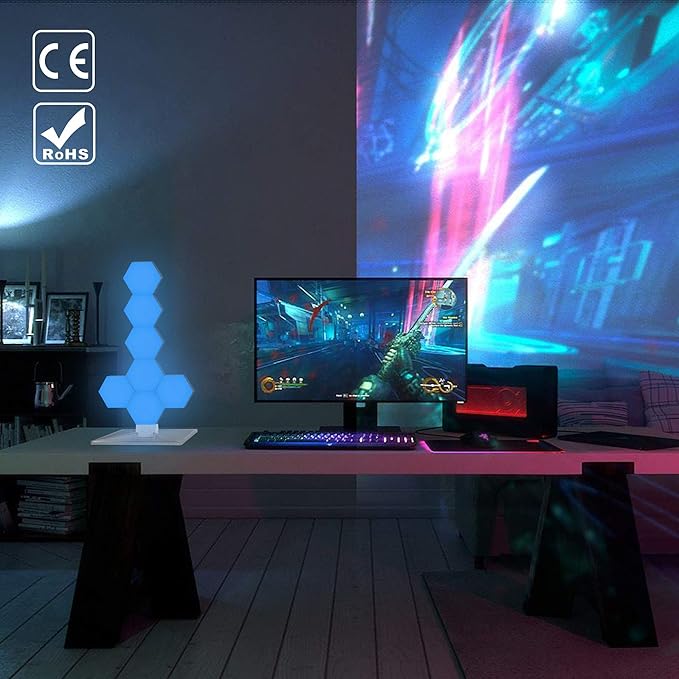 Yescom APP Control 7 Pack Smart LED Light Panels Hexagon Smarter Plus Kit Works Alexa, Google Assistant Hexagonal Modular Voice Music Control Dynamic Lamp for Gaming Setup Bar Bedroom Party Decor