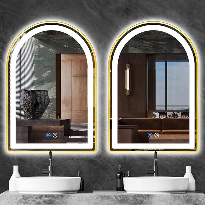 16 x 24 Inch Gold Arch LED Mirror for Bathroom Wall Makeup Desk Table Gold Arched Vanity Mirror with Lights AntiFog Smart Memory 3 Color Dimmable 24 Golden Frame Arched Lighted Vanity Mirrors