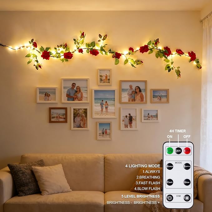 GOESWELL Rose Flowers Vines Garland Lights: 6FT Artificial Flower Vine Lights for Room Wall Decor - Fake Red Roses Hanging Vine Light Indoor for Wedding Arch Backdrop Decorations