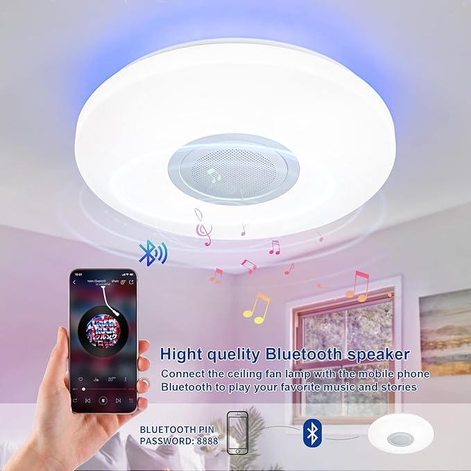LED Ceiling Light Fixture,with Bluetooth Speaker,15.15 Inch 40W, 2700K-6500K Dimmable Music Lamp,RGB Color Changing Light with Remote Control,for bedrooms, Living Rooms,-ASALL001-40