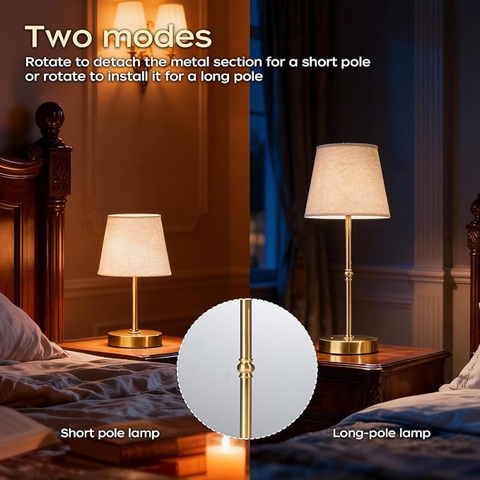 Cordless Table Lamp Rechargeable, LED Table Lamps with Touch Control, Stepless Dimmable Bedside Lamp, 6000mAh Battery Operated USB-C Lamp for Bedroom, Dining, Patio, Small Fabric Lamp Gold