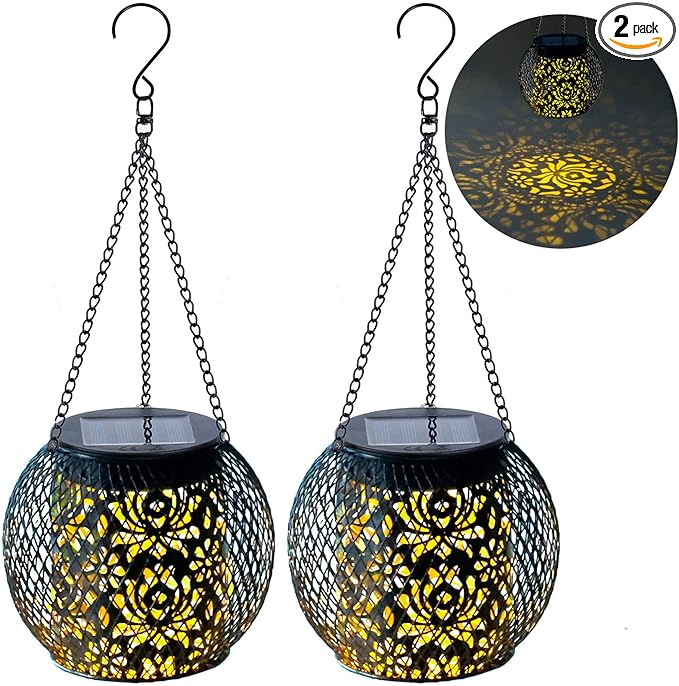 Solar Lanterns Outdoor Waterproof, 2 Pack Hanging Solar Lights Outside Garden Decor, Gifts for Women Mom Grandma Metal Decorative Lantern for Patio Yard Porch Balcony Backyard Lawn