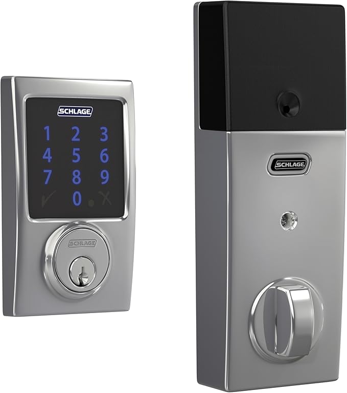 SCHLAGE BE469ZP CEN 625 Connect Smart Deadbolt with alarm with Century Trim in Bright Chrome, Z-Wave Plus enabled, 3 x 8 x 2 inches