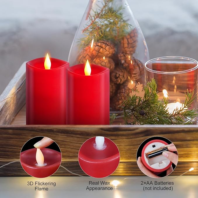 3PCS, 3 x 5 inches Flameless Candle with Remote Control, 3D Flickering Wick, Real Wax Pillar LED Candles, Battery Candles,with Timer,for Holiday Home Decor, Red