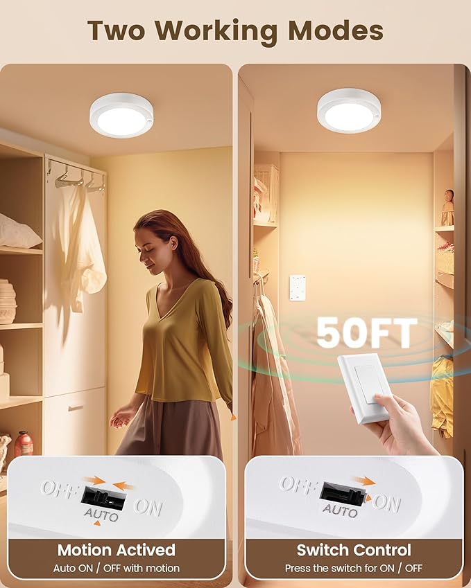 SURAIELEC Rechargeable Ceiling Light with Wall Switch, 8000mAh Battery Ceiling Light Indoor, Wall Switch Remote or Motion Sensor, 6500K 300LM, Battery Lights No Wiring for Shed, Pantry, Closet, 1-Pack