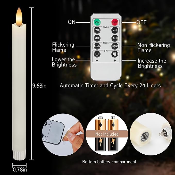 Flameless Taper Candles with Remote Timer, 6Pack Battery Operated Real Wax Flickering Flame, Fake Electric LED Candles Warm Light for Mother's Day Christmas-White