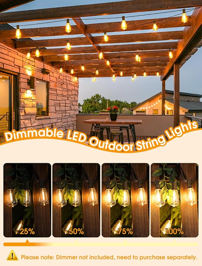 25FT Outdoor String Lights, Patio Lights with 10+1 LED Dimmable Waterproof Shatterproof ST38 Retro Edison 2700K Bulbs for Balcony Yard, Black