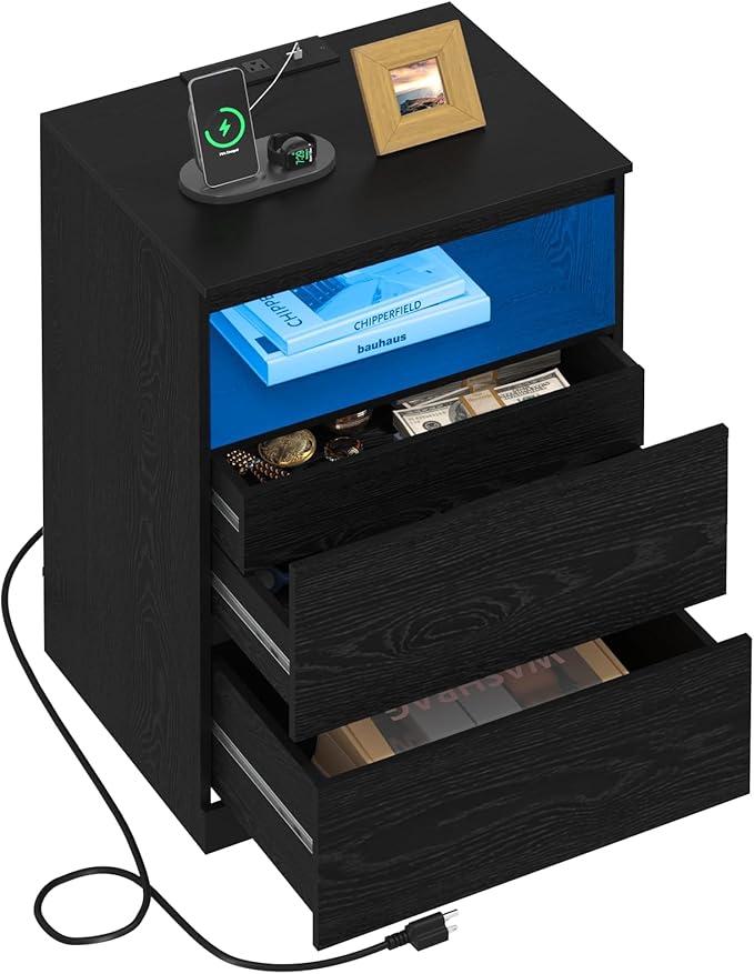 Nightstand with Charging Station and LED Light, 26" H with Hidden Drawer, 3 Drawers,Modern Night Stand for Bedroom, Black