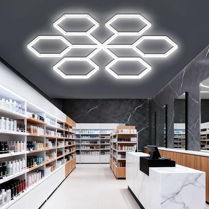 Hexagon Garage Lights 5 Hex Super Bright Led Lights Octagon Honeycomb Commercial Lighting for Garage Car Detailing Barber Shop Gym Warehouses Basement.