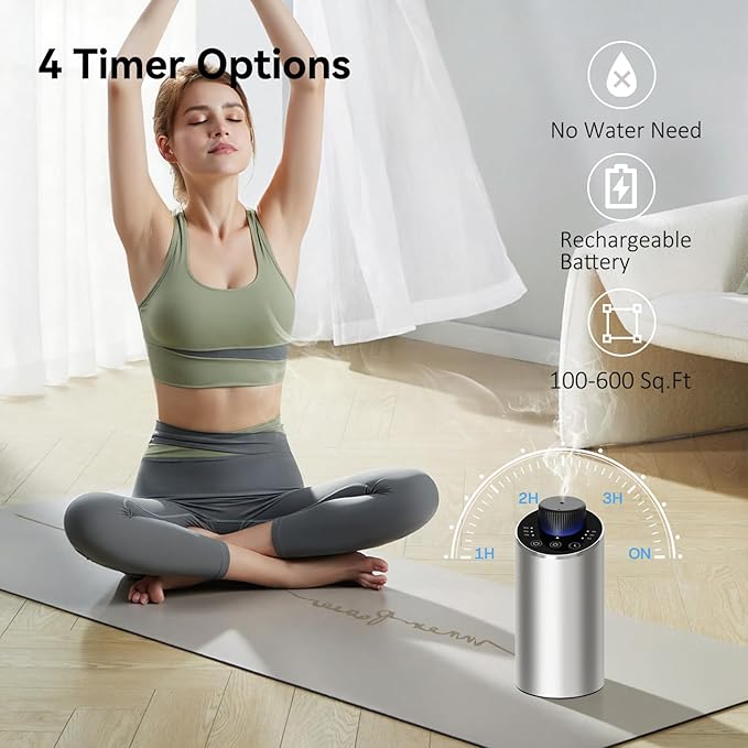 Waterless Essential Oil Diffuser Aromatherapy Scent Diffusers for Home Large Room, Bedroom, Car, Office, Desk, Battery Operated Mini Portable Air Freshener, 3 Countdown Timers & 3 Mist Levels, Silver