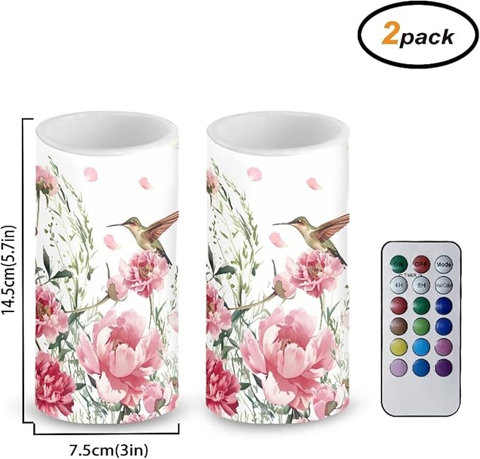 Bird Floral Flameless Candles 2 Pack 6 x 3 inch Battery Operated Candles with Multicolor Timer Remote Control LED Fake Candles for Warm Light Dinner Table Home Decor
