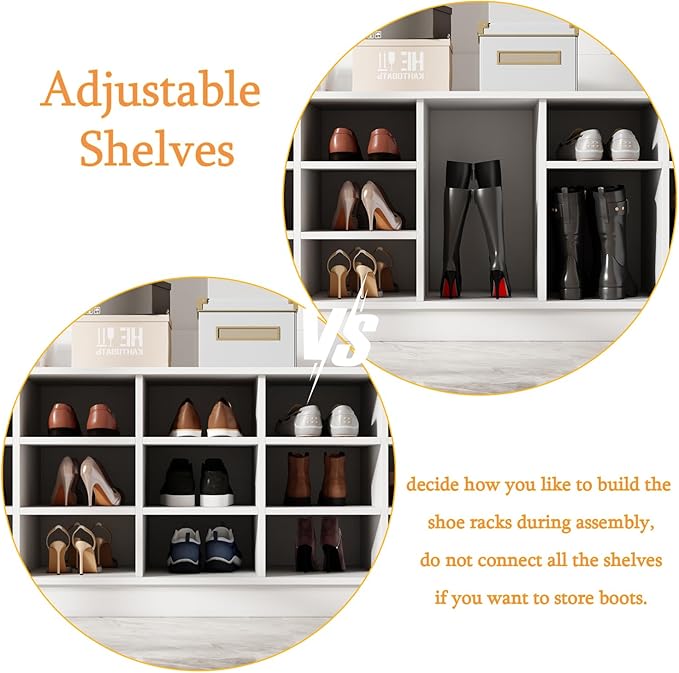 WOODTIME Extra Large Hall Tree with Bench and Shoe Storage, Multi-Purpose Entryway Bench with Coat Rack, Adjustable Shelves, 6 Double Hooks and 21 Open Compartments, White