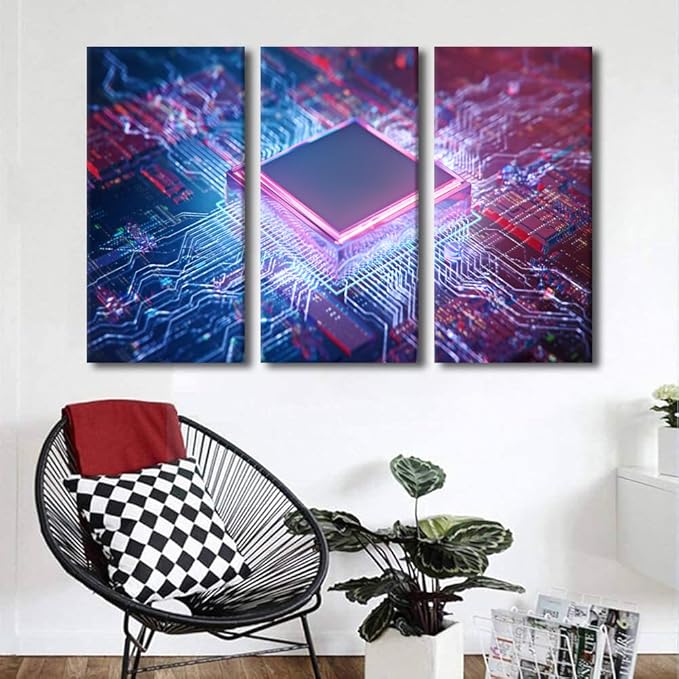 Canvas Wall Art 3 Panels Computer Processors CPU Modern Home Decor CPU Concept Canvas Paintings Contemporary Art for Bedroom Living Room Office Posters and Prints Framed Ready to Hang(40"Wx60"H)