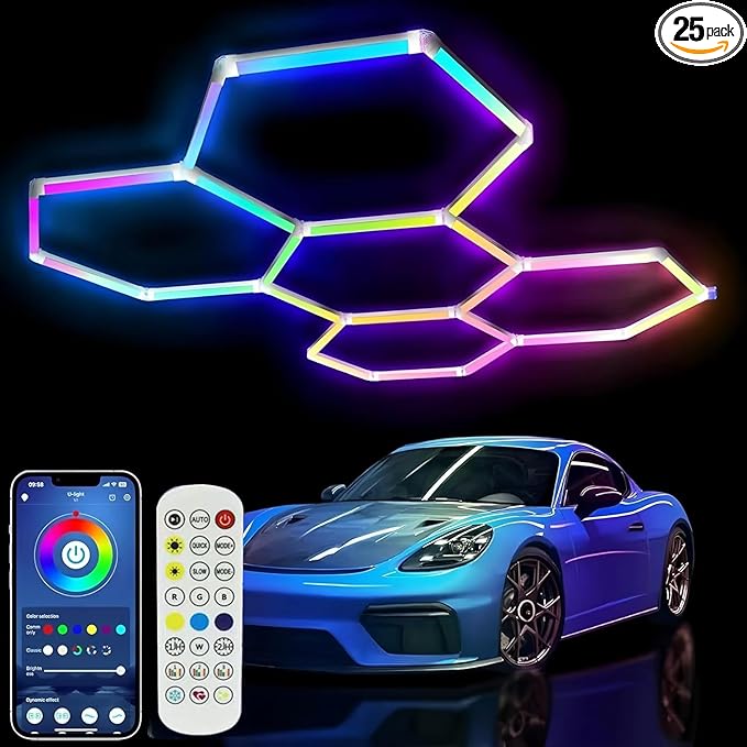 25Pack RGB Hexagon led Garage Lights,5 Hexagon Light with Multi Color,Dimmable&Speed Adjustable RGB Hex Wall Lights,DIY Design for Remote Control & Smart App Control Music Modes