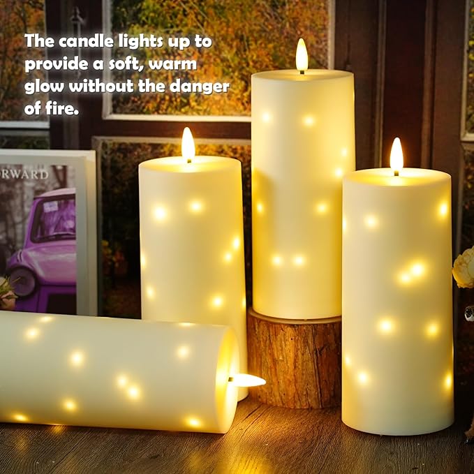 10" x 4" Large Outdoor Waterproof Flickering Flameless Candles with Timer,4Pcs Battery Operated LED Pillar Candles with Embedded Star String for Outdoor Lanterns,Porch,Patio Decor(Ivory)