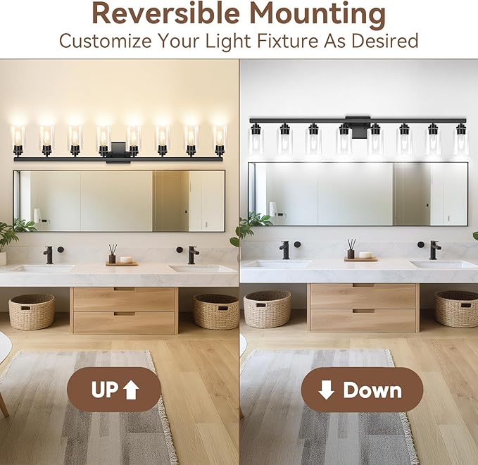 8-Light Bathroom Light Fixtures, 51" Modern Vanity Lights Over Mirror with Clear Glass Shades, Matte Black Light Fixture, Classic Wall Light Fixture for Mirror Living Room Cabinet Bedroom Porch