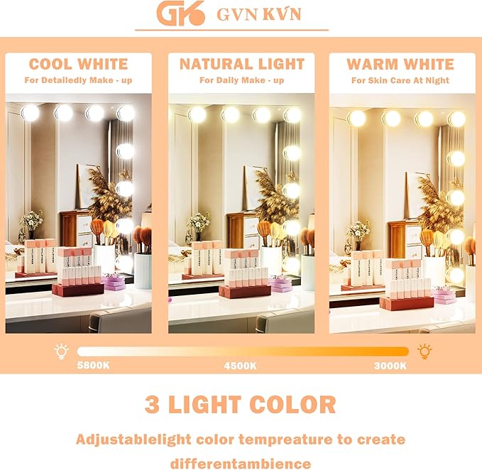 Vanity Mirror with Lights, 15 Dimmable LED Bulbs Large Hollyhood Makeup Mirror, Light up Mirror with 10X Magnification and USB Charging Port, Smart Touch 3 Colors, Metal Frame