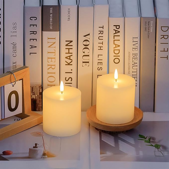 Flameless Candles Set of 2 (3x3 inch) Flickering LED Real Wax Candles Battery Operated with Remote Control Timers for Fireplace Bedroom Livingroom Party Dimmable Ivory Pillars Flat top