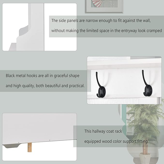 RUNNA Stylish Versatile 60" Wide Coat Rack with Metal Black Hooks and 24 Shoe Cubbies,Hall Tree with 3 Top Shelves and Bench,for Hallway Entryway Mudroom Use (White@e)