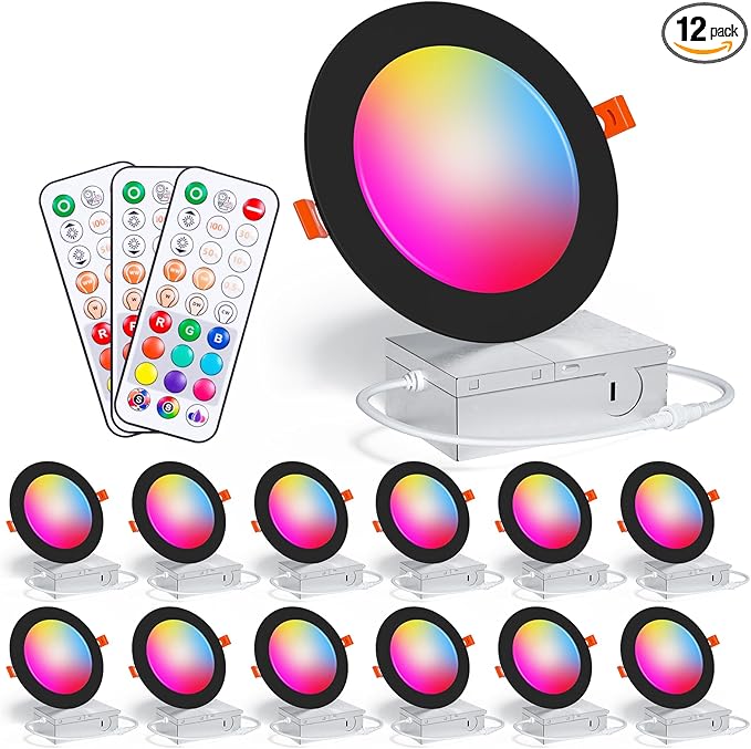 Recessed Lighting 4 Inch Black Color Changing Canless LED Recessed Ceiling Light with Junction Box,12W 1080LM LED Downlight Dimmable by Remote Control, Memory, 3 Modes, Delayed Light Off, 12Pack