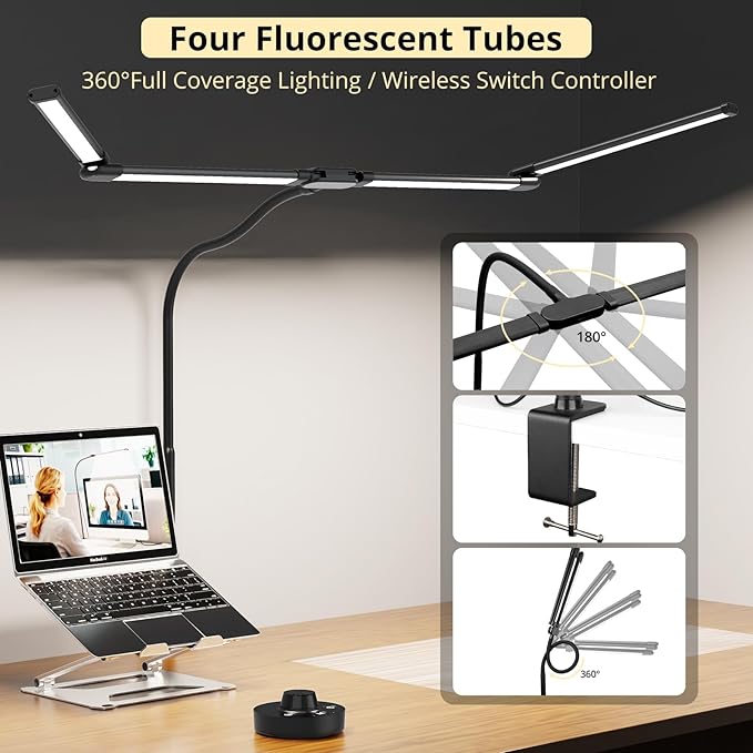 Desk Lamp, Clamp Desks Lamps for Home Office, 24W Flexible Gooseneck Table Lamp, 10 Color Modes & Brightness Eye-Caring Desk Light w/USB Adapter (12V2A Black)