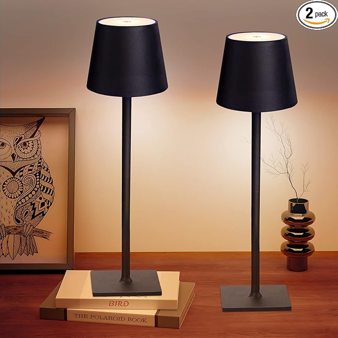 2 Pack Cordless Table Lamps, 3 Colors Stepless Dimming, 5000mAh Rechargeable Battery LED Desk Lamp for Bedroom/Couple Dinner/Desk/Cafe/Dining Room/Terrace