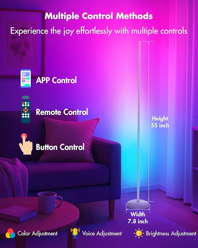 Corner Floor Lamp Silver, Smart RGB LED Corner Lamp with App & Remote, Modern Floor Lamp for Living Room, Bedroom, Color Changing Standing Lamps with 16 Million Colors, Scene Modes, Music Sync
