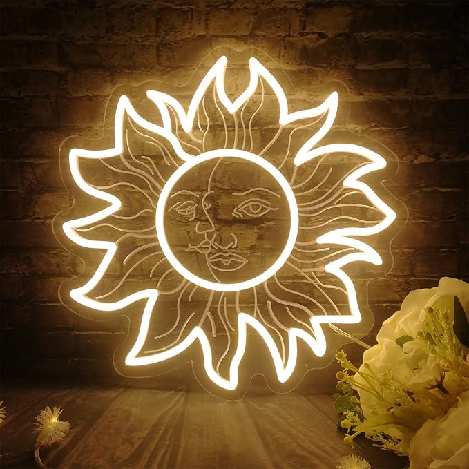 3D Sun and Moon LED Neon Light, Sunflower Neon Light Retro Sun Moon Face Neon Sign, Indie Boho Style Moth Constellation Aesthetic Wall Decor for Bedroom Dorm Living Room Man Cave, Birthday Gifts - 12"