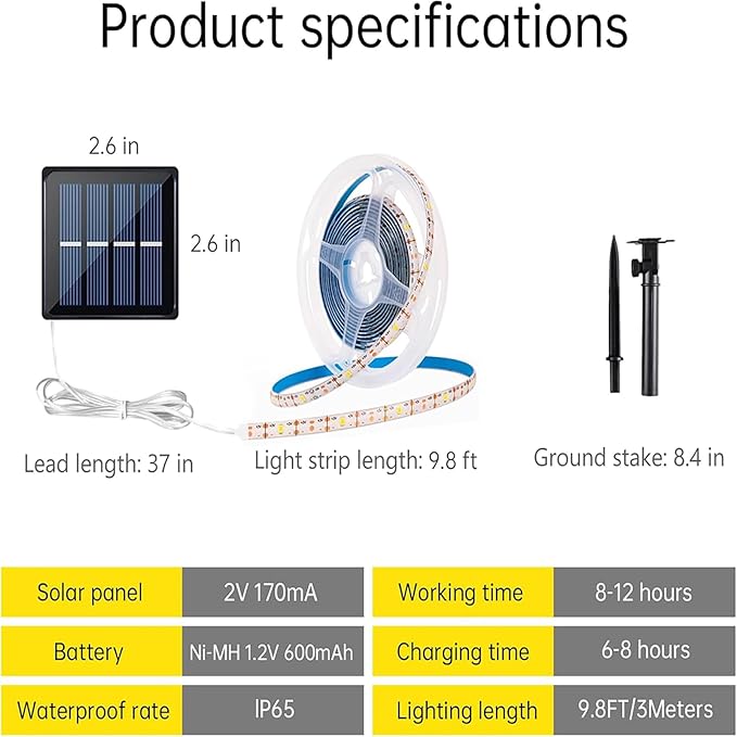 Solar LED Strip Lights Outdoor Solar Powered Rope Light Waterproof 10FT Cuttable Tape Lighting 3000K Warm White with 8 Modes for Fence, Outside, Stair, Step, Yard, Pool, 1 Pack