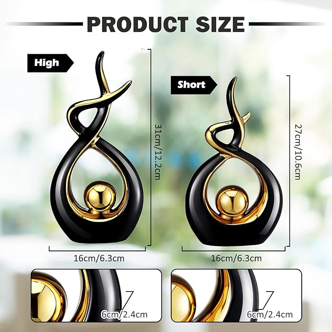 Gerrii 2 Pcs Modern Room Ceramic Decor Center Pieces Table Decorations Ceramic Statue Coffee Table Decor Centerpiece for Home Office Coffee Living Room, 2 Size(Black, Gold)