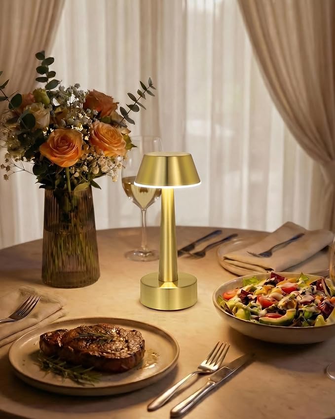 Cordless Rechargeable Table Lamp Small Battery Operated Lamp for Restaurant, 3 Color Stepless Dimmable LED Touch Lamp Gold Portable Night Lights for Bedside Living Room Kitchen Bar Outdoor Patio Décor