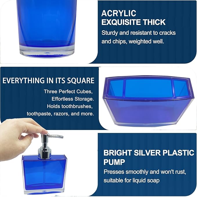 4-Piece Serene Blue Acrylic Bathroom Accessories Set — Soap Dispenser, Toothbrush Holder, Soap Dish & Mouthwash Cup, Vanity Countertop Organizer for Blue Coastal Bathroom Decor