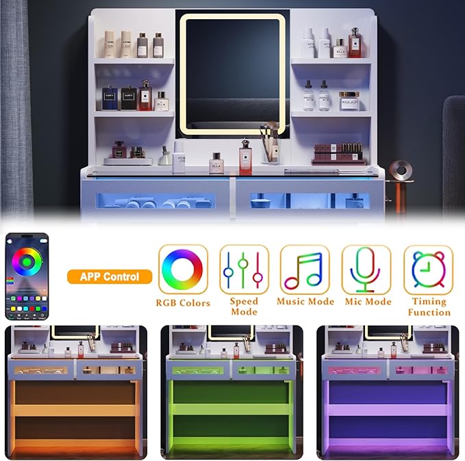 Vanity Desk with LED Lights Mirror & Power Outlet, Transparent Top Vanity with 2 RGB Drawers, 3 Lighting Modes & Adjustable Brightness, Dressing Table for Women Girls Bedroom, White Plus